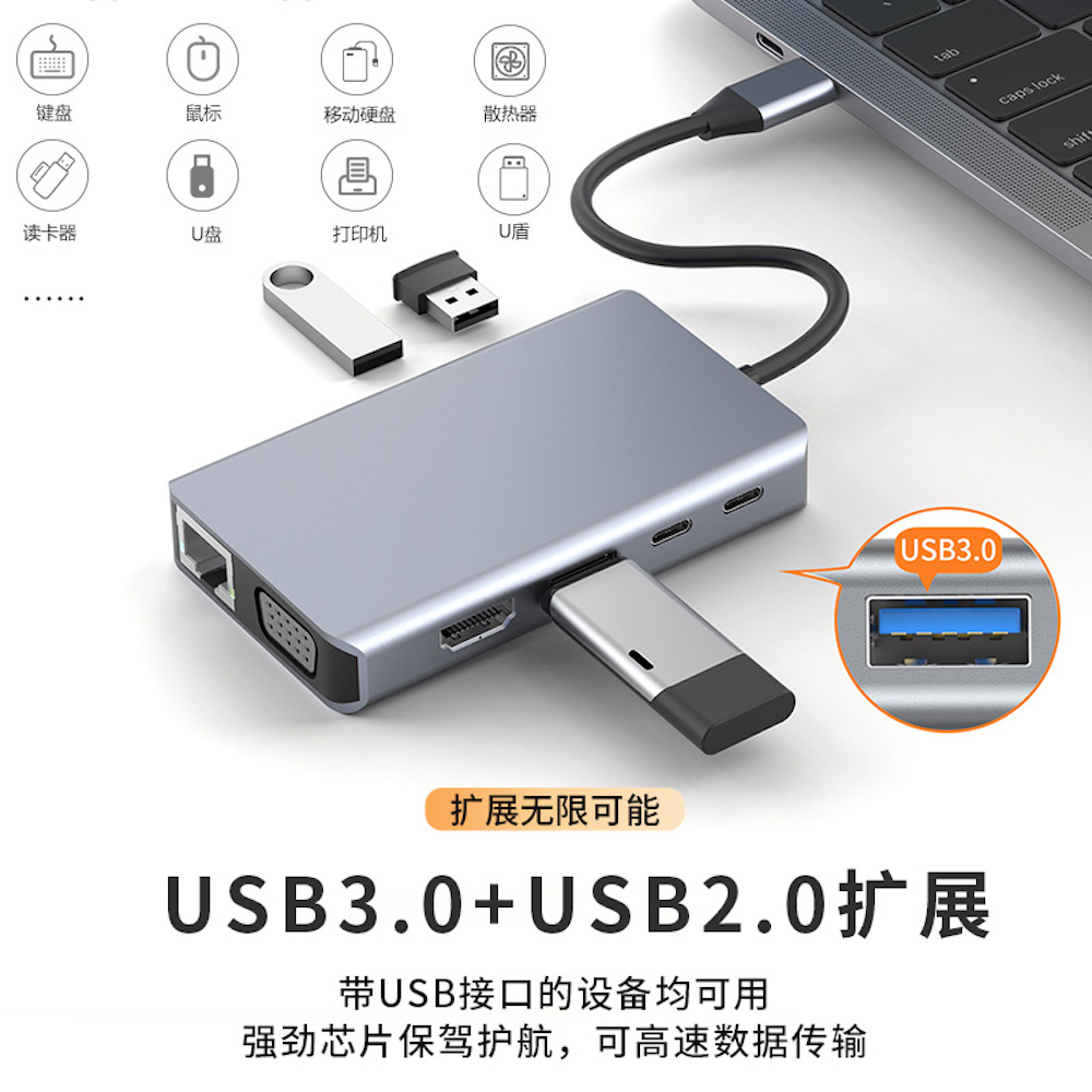 十合一typec扩展坞HDMI高清投屏VGA显示器USB3.0网卡口适用苹果华为小米笔记本电脑MacBook通用matebook拓展 - 图1