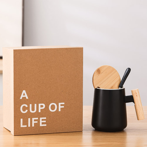 实木手柄马克杯 陶瓷杯 咖啡杯子水杯带盖子勺子定制广告LOGO礼品 - 图3