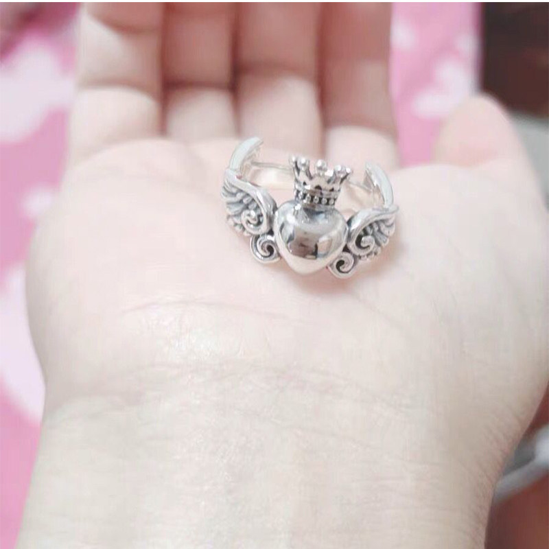 Brand Crow 925 sterling silver retro love crown ring men and women heart trend wing open ring Japanese and Korean ring