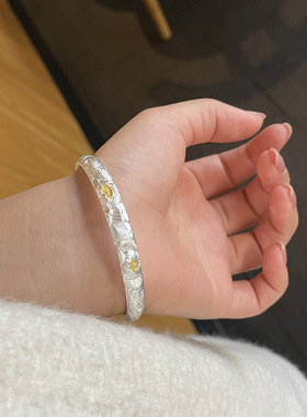 芍药 纯银手镯9999足银开口手镯国潮风新中式送女友礼物银饰