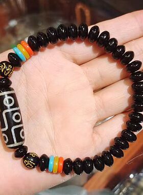 藏式九眼天珠椰壳片手串老玛瑙原石打磨九眼佛珠创意个性手链配饰