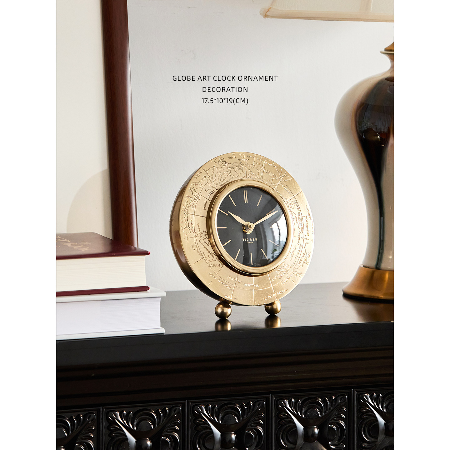 迷屿家居印度舶来品铝镀古铜座钟“地球仪”手工复古桌面时钟摆件,淘宝优惠券,粉丝福利购,淘宝优惠卷