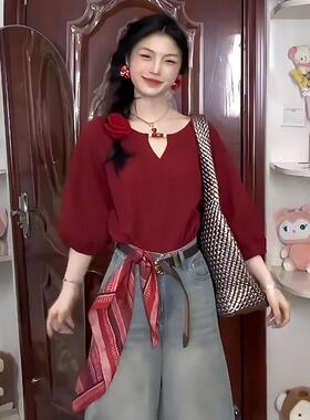 红色丝巾腰带搭配牛仔裤子配饰屁帘小方巾叠带高级感腰巾腰封腰饰