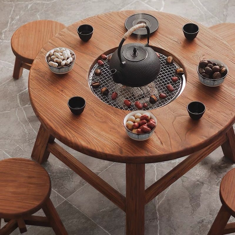 老榆木围炉茶桌煮茶桌实木禅意圆桌火锅桌阳台茶桌老榆木火锅桌子,淘宝优惠券,粉丝福利购,淘宝优惠卷
