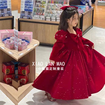 Girl Plus Suede Big Skirt Hem Dress 23 Years Winter New Year Dress Red Children Girl Velvet Gown Skirt Princess Dress