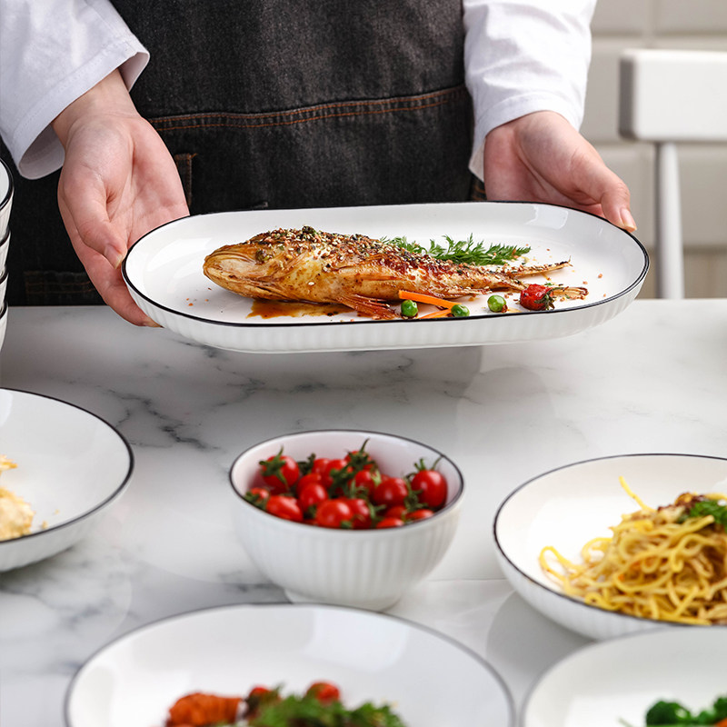 创意新款盘子鱼盘汤碗斗笠碗套装家用日式陶瓷饭盘长方形蒸鱼碟子,淘宝优惠券,粉丝福利购,淘宝优惠卷