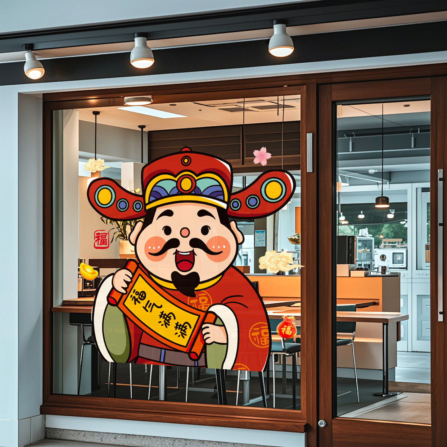 五路财神迎新年静电贴2026春节装饰店铺商场橱窗玻璃门窗花贴纸画,淘宝优惠券,粉丝福利购,淘宝优惠卷