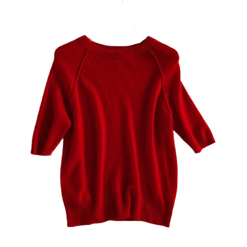 爆款早春红色针织衫女洋气减龄薄款宽松百搭毛衣短袖上衣气质t恤