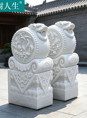 中式汉白玉兽首衔环抱鼓石门墩