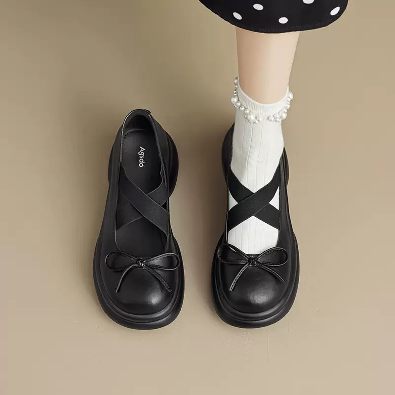 赵露思同款法式绑带单鞋增高芭蕾玛丽珍鞋黑色厚底蝴蝶结小皮鞋女 - 图0
