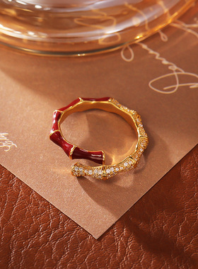 节节高升竹节开口戒指可调节高级感铜镀真金镶锆石滴油珐琅彩