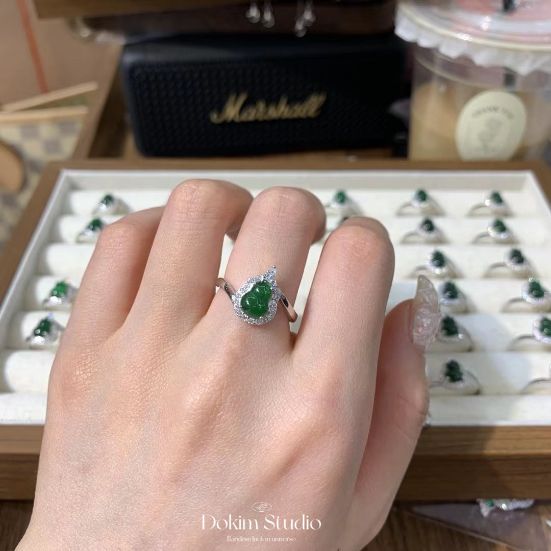 S925 sterling silver natural dangerous material A goods jade ring noble green gourd new Chinese style national style jewelry gift set