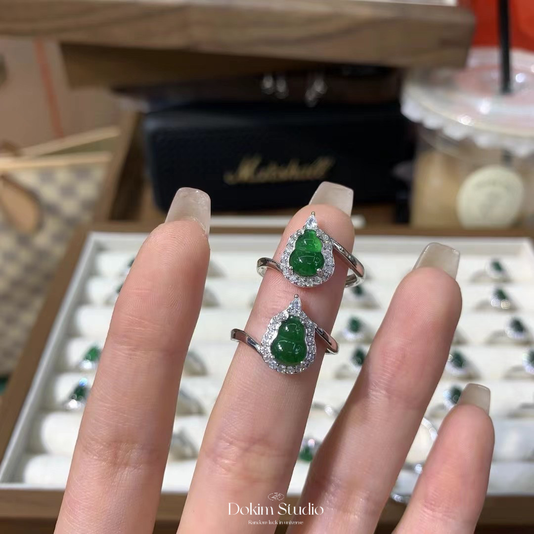 S925 sterling silver natural dangerous material A goods jade ring noble green gourd new Chinese style national style jewelry gift set