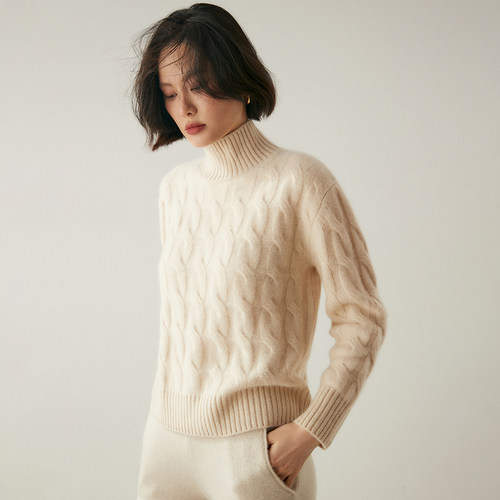 软糯大麻花半高领山羊绒衫女厚款针织打底套头毛衣宽松慵懒风 - 图1