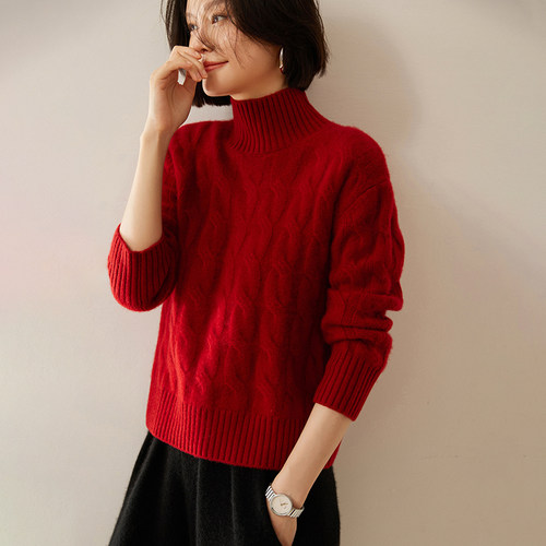 软糯大麻花半高领山羊绒衫女厚款针织打底套头毛衣宽松慵懒风 - 图2
