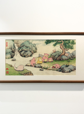 可达鸭《溪山寻友图》中国风宝可梦呆呆兽创意喷绘装饰画桌面摆件