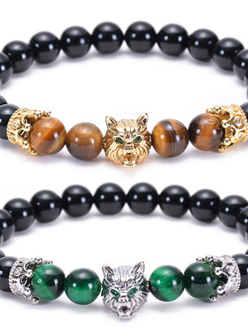 欧美饰品热卖 天然虎眼石玛瑙手链 铜镶锆石皇冠手串狼头手饰