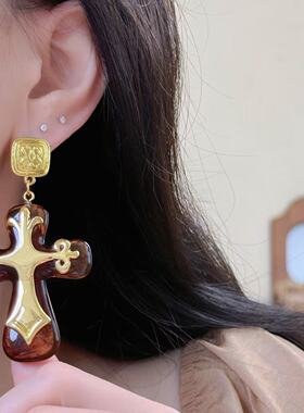 欧美风辣妹嘻哈十字架吊坠耳环项链复古轻奢高级时尚耳饰毛衣链潮