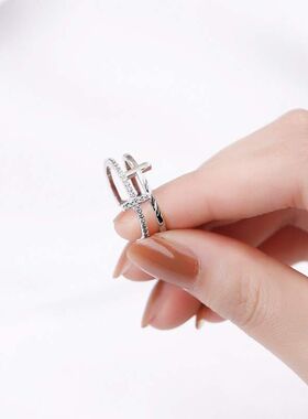 银圳十字架925纯银戒指女小众设计双层戒指冷淡风介指环女ins