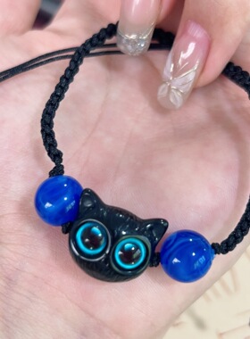 甜酷小喵ins小众设计黑色檀木小猫咪编织手链情侣送闺蜜礼物怪兽