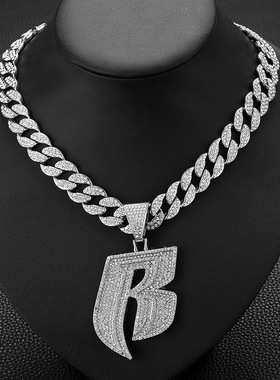 厂家直销小众设计个性嘻哈风字母 B满钻合金古巴链跨境表扣古巴链