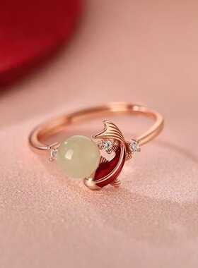 新中式玉见锦鲤戒指女滴胶金鱼素圈食指戒简约百搭民族风开口指环