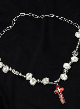 异形珍珠十字架红色锆石ins设计甜酷金属y2k嘻哈国潮复古项链批发