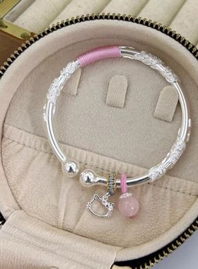 9999纯银花枝玉叶手镯牡丹花女足银镯子送长辈送爱人情人节礼物