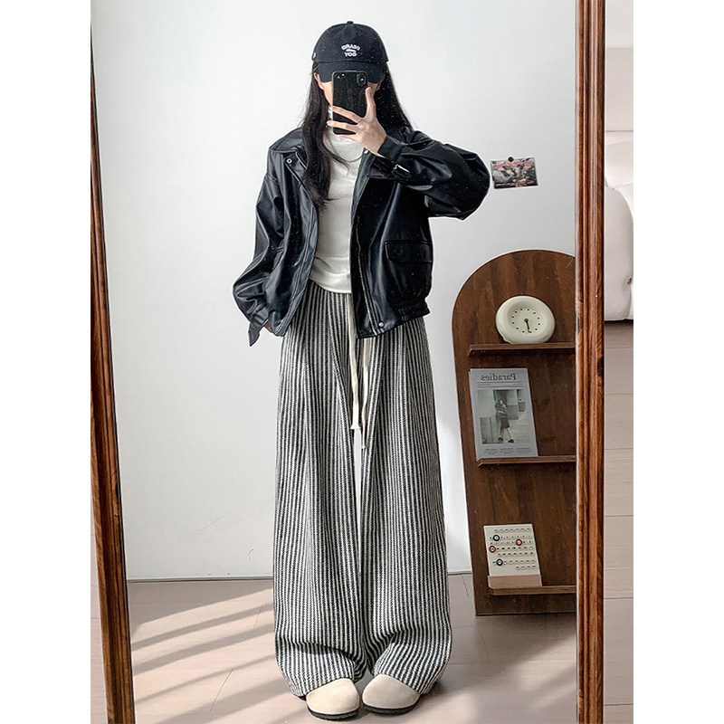 咖色竖条纹毛呢裤女秋冬胖mm200斤大码复古慵懒拖地直筒阔腿长裤,淘宝优惠券,粉丝福利购,淘宝优惠卷