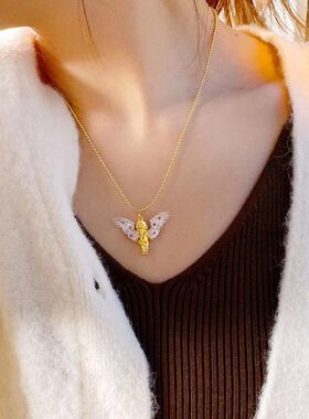 法式复古项链小天使纯银红宝石秋冬毛衣链小众轻奢丘比特吊坠礼物