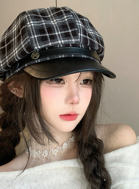 秋冬复古格纹显脸小鸭舌报童帽