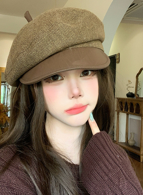 复古宽檐显脸小报童帽女秋冬