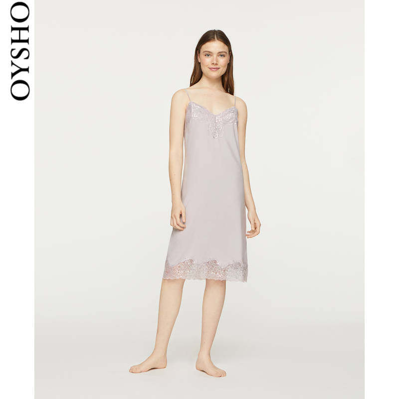 oysho蕾丝缎面吊带莫代尔修身睡裙 oysho睡裙