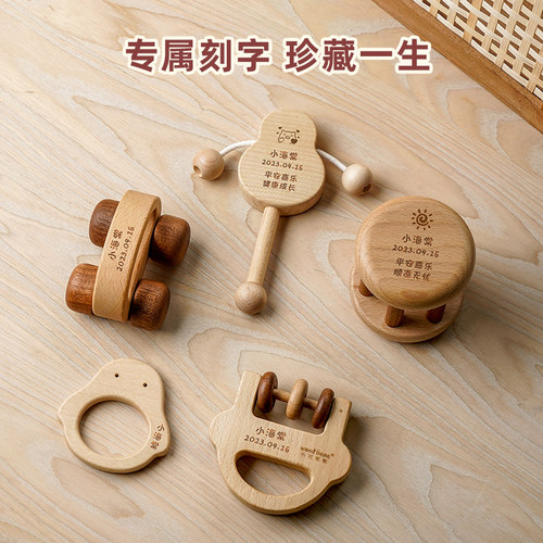 木艺爸爸拨浪鼓0-3-6个月婴儿新生儿宝宝玩具木质可啃咬满月礼物 - 图0