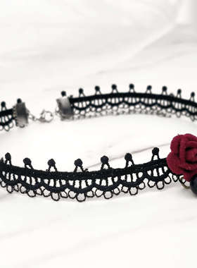 蕾丝绒玫瑰花蓝砂石吊坠choker黑色锁骨链纯手工可定制尺寸防过敏