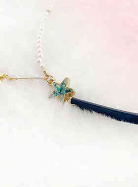 高保色金色星星皮choker黑色皮带项链流苏锁骨链原创纯手工可定制