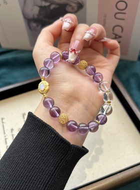 天然紫水晶上岸手链原创乌拉圭紫水晶白水晶手串送人礼物