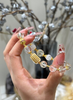 天然黄水晶柠檬晶手串念珠佛珠雪花幽灵招财手链送女友生日礼物