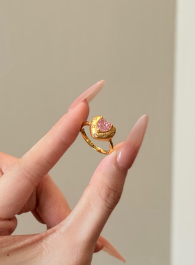 水贝黄金5D拉丝粉爱心少女心粉色戒指999足金小克重百搭送礼物