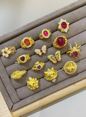 水贝黄金珐琅彩蝴蝶戒指足金拉丝活口蝴蝶黄金戒指镶嵌莫桑钻送礼