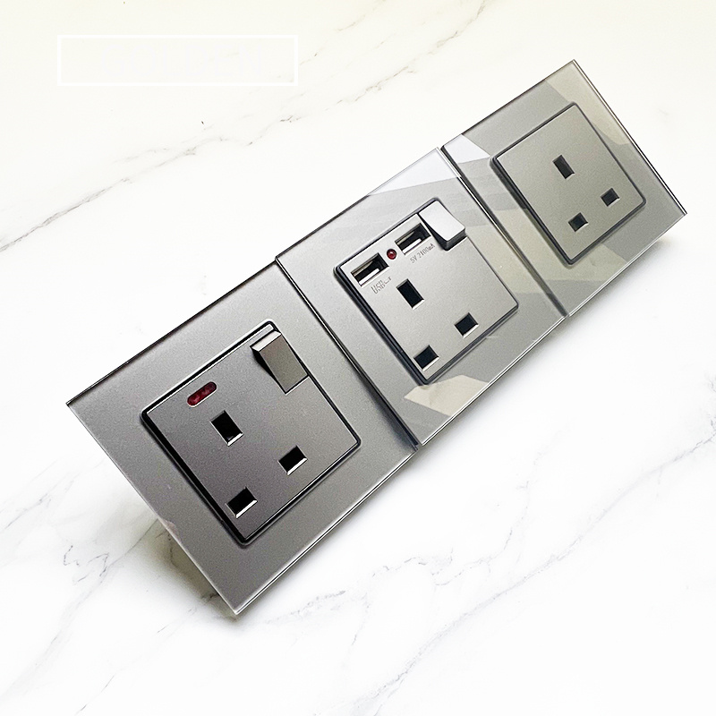 香港澳版英式13a英标插座苏带Type-c快充电灯制开关灰色玻璃面板 - 图1
