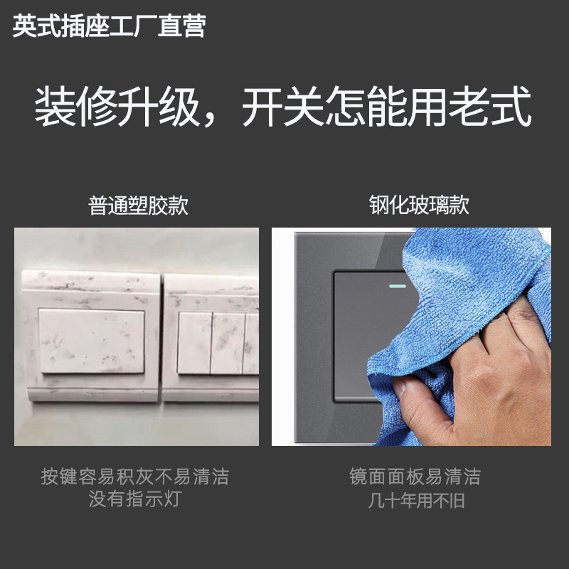 香港澳版英式13a英标插座苏带Type-c快充电灯制开关灰色玻璃面板 - 图2