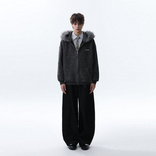 American trendy striped fur collar zipper cardigan sweatshirt for men