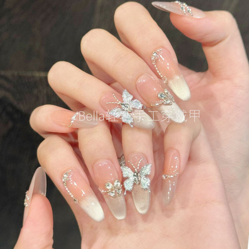 Bella轻奢手工穿戴甲新娘婚纱照孕妇中长款爆闪猫眼显白显瘦美甲 - 图2