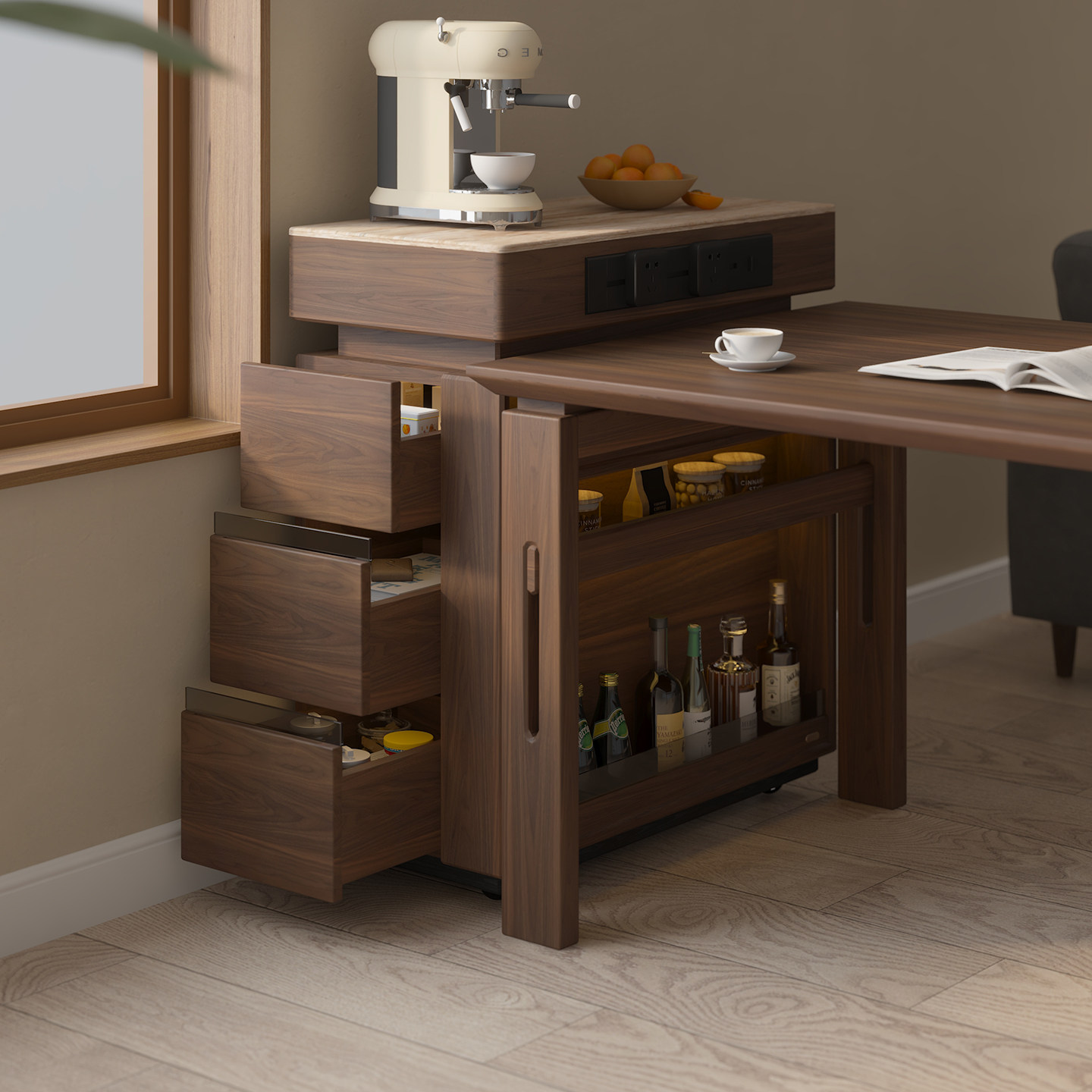 色格实木窄岛台黑胡桃木餐厅客厅酒柜吧台多功能小型家用餐边柜,淘宝优惠券,粉丝福利购,淘宝优惠卷