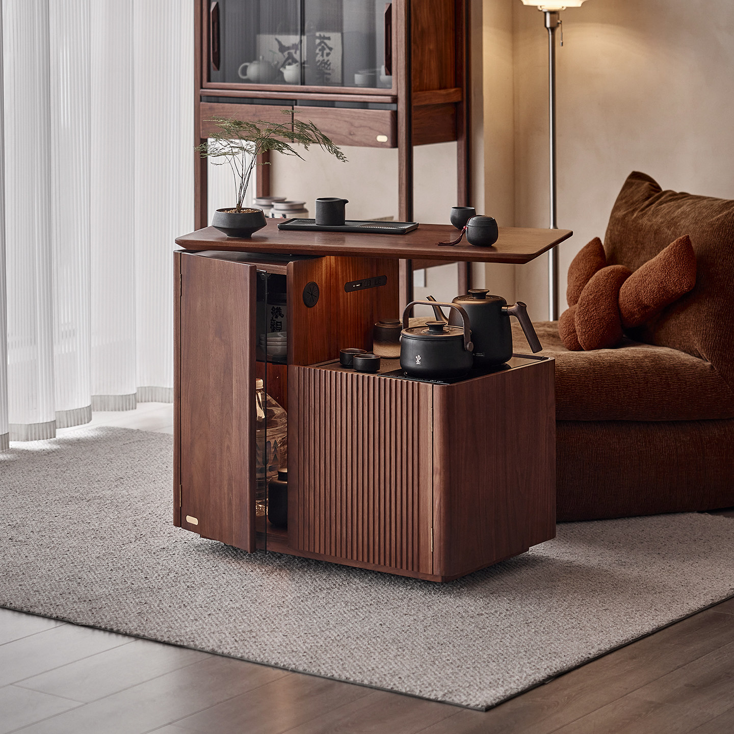 色格实木旋转茶桌茶台黑胡桃木家用客厅沙发边柜可移动茶水柜茶车,淘宝优惠券,粉丝福利购,淘宝优惠卷