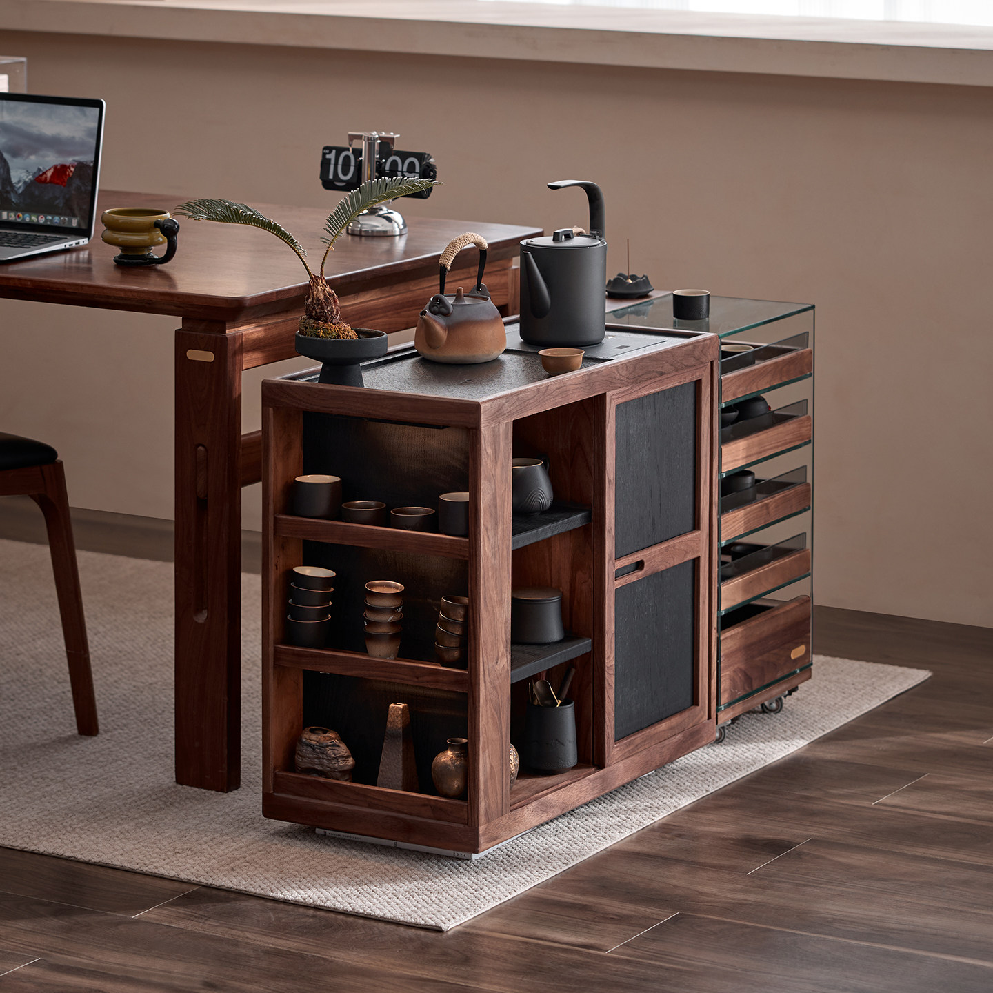 色格实木可移动茶水柜黑胡桃茶桌台沙发边柜烧水壶一体边几置物架,淘宝优惠券,粉丝福利购,淘宝优惠卷