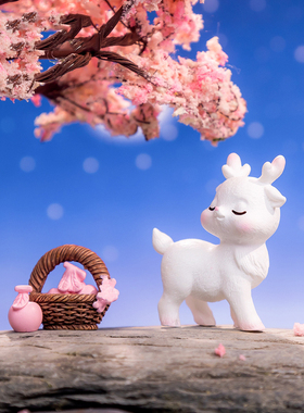 微景观简约树脂工艺品可爱粉色小鹿公仔樱花树园艺DIY装饰品摆件