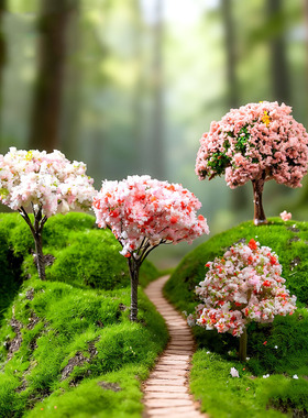 微景观简约现代塑料工艺品仿真花仿真圣诞树樱花多肉园艺饰品摆件