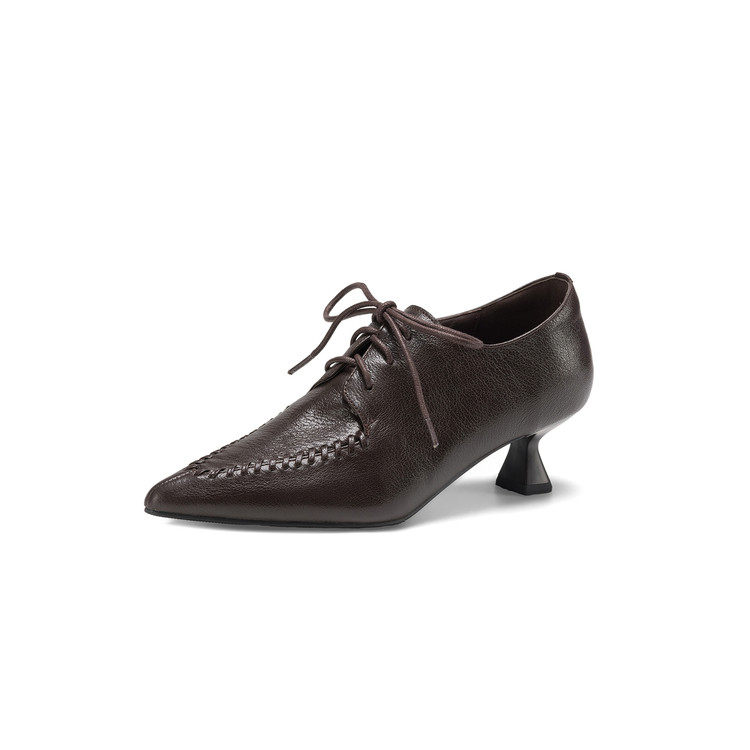 欧洲站时尚尖头深口鞋女头层牛皮系带单鞋真皮高跟鞋配阔腿裤鞋子,淘宝优惠券,粉丝福利购,淘宝优惠卷